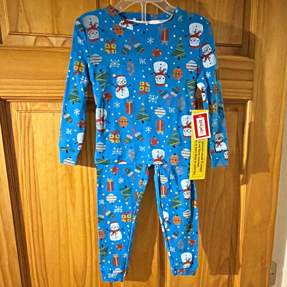 Unisex Kids 2-Piece Cotton Knit Pajama Set Long Sleeve Blue Snowman 24 mo